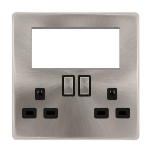 Click Scolmore - Click Definity Complete 2 Gang 3 Pin Safety Shutter Switched Socket With Quad New Media Apertures (SFBS604BK)