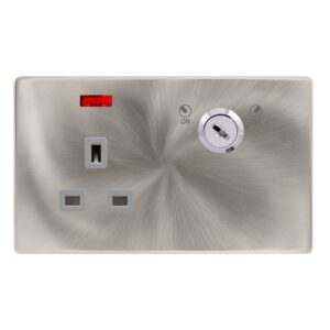 Click Scolmore - Click Definity Complete 13A 1 Gang Double Pole Key Lockable Socket With Neon Brushed Steel Cover Plate Grey Insert (SFBS655GY)