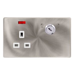 Click Scolmore - Click Definity Complete 13A 1 Gang Double Pole Key Lockable Socket With Neon Brushed Steel Cover Plate Polar White Insert (SFBS655PW)