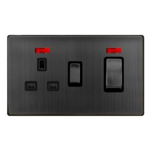 Click Scolmore - Click Definity Complete 50A Ingot Double Pole Switch With 13A Double Pole Switched Socket & Neon Matt Bronze Cover Plate Black Insert (SFBZ505BK)
