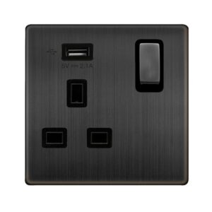 Click Scolmore - Click Definity Complete 13A Ingot 1 Gang Switched Socket With 2.1A Usb Outlet Matt Bronze Cover Plate Black Insert (SFBZ571UBK)