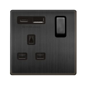 Click Scolmore - Click Definity Complete 13A Ingot 1 Gang Switched Safety Shutter Socket With Type A & C Usb Matt Bronze Cover Plate Black Insert (SFBZ585BK)