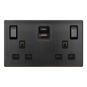 Click Scolmore - Click Definity Complete 13A Ingot 2 Gang Switched Safety Shutter Socket With Type A & C Usb Matt Bronze Cover Plate Black Insert (SFBZ586BK)