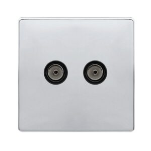 Click Scolmore - Click Definity Complete Twin Non-Isolated Coaxial Outlet Polished Chrome Cover Plate Black Insert (SFCH066BK)