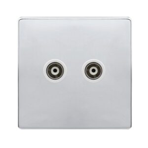 Click Scolmore - Click Definity Complete Twin Isolated Coaxial Outlet Polished Chrome Cover Plate Polar White Insert (SFCH159PW)