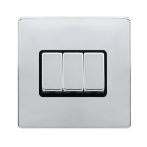 Click Scolmore - Click Definity Complete 10Ax Ingot 3 Gang 2 Way Switch Polished Chrome Cover Plate Black Insert (SFCH413BK)