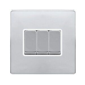 Click Scolmore - Click Definity Complete 10Ax Ingot 3 Gang 2 Way Switch Polished Chrome Cover Plate Polar White Insert (SFCH413PW)