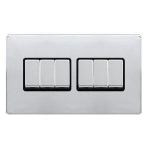 Click Scolmore - Click Definity Complete 10Ax Ingot 6 Gang 2 Way Switch Polished Chrome Cover Plate Black Insert (SFCH416BK)