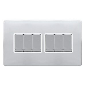 Click Scolmore - Click Definity Complete 10Ax Ingot 6 Gang 2 Way Switch Polished Chrome Cover Plate Polar White Insert (SFCH416PW)
