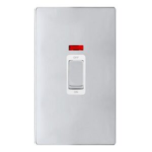 Click Scolmore - Click Definity Complete 50A Ingot 2 Gang Double Pole Switch With Neon Polished Chrome Cover Plate Polar White Insert (SFCH503PW)