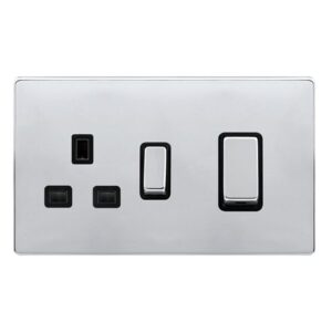 Click Scolmore - Click Definity Complete 50A Ingot Double Pole Switch With 13A Double Pole Switched Socket Polished Chrome Cover Plate Black Insert (SFCH504BK)