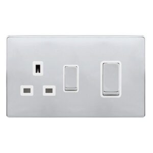 Click Scolmore - Click Definity Complete 50A Ingot Double Pole Switch With 13A Double Pole Switched Socket Polished Chrome Cover Plate Polar White Insert (SFCH504PW)