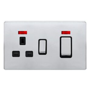 Click Scolmore - Click Definity Complete 50A Ingot Double Pole Switch With 13A Double Pole Switched Socket & Neon Polished Chrome Cover Plate Black Insert (SFCH505BK)