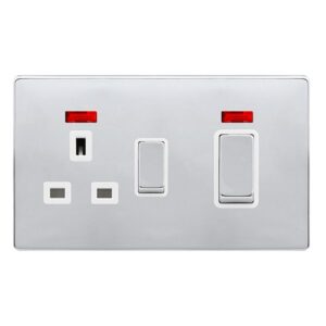 Click Scolmore - Click Definity Complete 50A Ingot Double Pole Switch With 13A Double Pole Switched Socket & Neon Polished Chrome Cover Plate Polar White Insert (SFCH505PW)