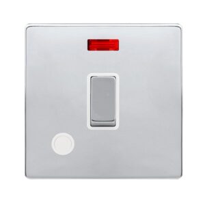 Click Scolmore - Click Definity Complete 20A Ingot Double Pole Switch With Neon & Flex Outlet Polished Chrome Cover Plate Polar White Insert (SFCH523PW)
