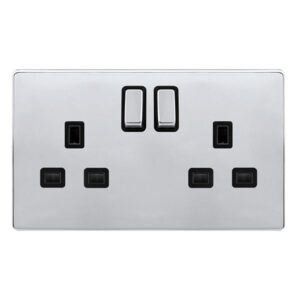 Click Scolmore - Click Definity Complete 13A Ingot 2 Gang Dp Switched Socket Polished Chrome Cover Plate Black Insert (SFCH536BK)