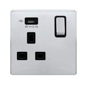 Click Scolmore - Click Definity Complete 13A Ingot 1 Gang Switched Socket With 2.1A Usb Outlet Polished Chrome Cover Plate Black Insert (SFCH571UBK)