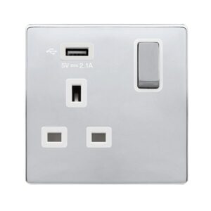 Click Scolmore - Click Definity Complete 13A Ingot 1 Gang Switched Socket With 2.1A Usb Outlet Polished Chrome Cover Plate Polar White Insert (SFCH571UPW)
