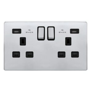 Click Scolmore - Click Definity Complete 13A Ingot 2 Gang Switched Socket With 2.1A Usb Outlets Polished Chrome Cover Plate Black Insert (SFCH580BK)