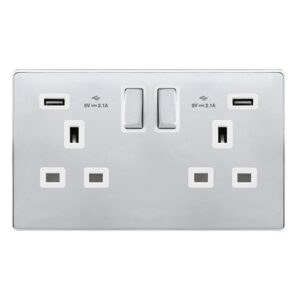 Click Scolmore - Click Definity Complete 13A Ingot 2 Gang Switched Socket With 2.1A Usb Outlets Polished Chrome Cover Plate Polar White Insert (SFCH580PW)