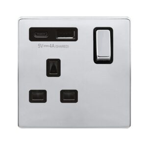 Click Scolmore - Click Definity Complete Definity Ingot 13A 1 Gang Switched Safety Shutter Socket Outlet With Type A & C Usb (4A) Outlets Polished Chrome Black Inserts (SFCH585BK)