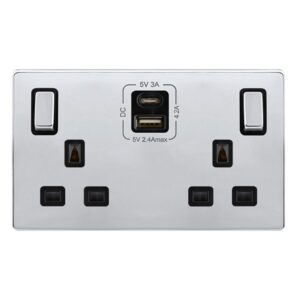 Click Scolmore - Click Definity Complete 13A Ingot 2 Gang Switched Safety Shutter Socket With Type A & C Usb Polished Chrome Cover Plate Black Insert (SFCH586BK)