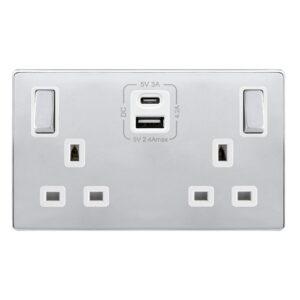 Click Scolmore - Click Definity Complete 13A Ingot 2 Gang Switched Safety Shutter Socket With Type A & C Usb Polished Chrome Cover Plate Polar White Insert (SFCH586PW)