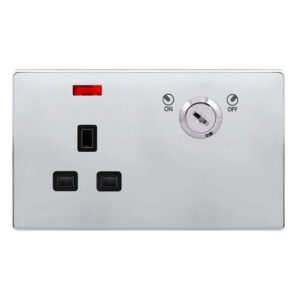Click Scolmore - Click Definity Complete 13A 1 Gang Double Pole Key Lockable Socket With Neon Polished Chrome Cover Plate Black Insert (SFCH655BK)