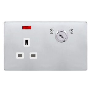 Click Scolmore - Click Definity Complete 13A 1 Gang Double Pole Key Lockable Socket With Neon Polished Chrome Cover Plate Polar White Insert (SFCH655PW)