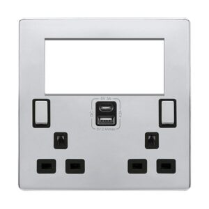 Click Scolmore - Click Definity Complete 2 Gang 3 Pin Safety Shutter Type A & C Usb Switched Socket With Quad New Media Apertures (SFCH684BK)