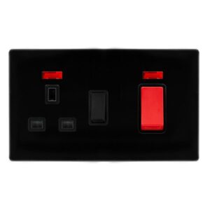 Click Scolmore - Click Definity Complete 50A Double Pole Switch With 13A Double Pole Switched Socket & Neon Metal Black Cover Plate Black Insert (SFMB205BK)