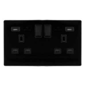 Click Scolmore - Click Definity Complete 13A Ingot 2 Gang Switched Socket With 2.1A Usb Outlets Metal Black Cover Plate Black Insert (SFMB780BK)