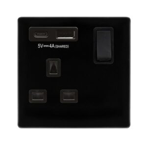 Click Scolmore - Click Definity Complete Definity Non Ingot 13A 1 Gang Switched Safety Shutter Socket Outlet With Type A & C Usb (4A) Outlets Metal Black Black Inserts (SFMB785BK)