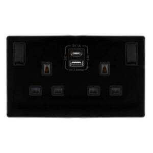 Click Scolmore - Click Definity Complete 13A Ingot 2 Gang Switched Safety Shutter Socket With Type A & C Usb Metal Black Cover Plate Black Insert (SFMB786BK)
