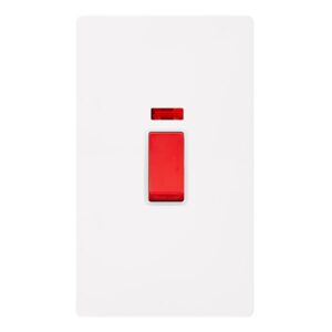 Click Scolmore - Click Definity Complete 50A 2 Gang Double Pole Switch With Neon Metal White Cover Plate Polar White Insert (SFMW203PW)