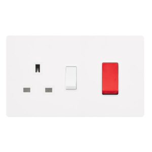 Click Scolmore - Click Definity Complete 50A Double Pole Switch With 13A Double Pole Switched Socket Metal White Cover Plate Polar White Insert (SFMW204PW)