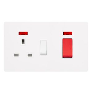 Click Scolmore - Click Definity Complete 50A Double Pole Switch With 13A Double Pole Switched Socket & Neon Metal White Cover Plate Polar White Insert (SFMW205PW)
