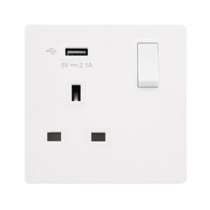 Click Scolmore - Click Definity Complete 13A Ingot 1 Gang Switched Socket With 2.1A Usb Outlet Metal White Cover Plate Polar White Insert (SFMW771UPW)