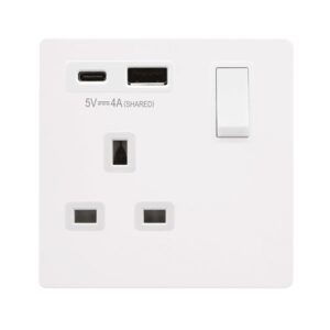 Click Scolmore - Click Definity Complete Definity Non Ingot 13A 1 Gang Switched Safety Shutter Socket Outlet With Type A & C Usb (4A) Outlets Metal White Polar White Inserts (SFMW785PW)