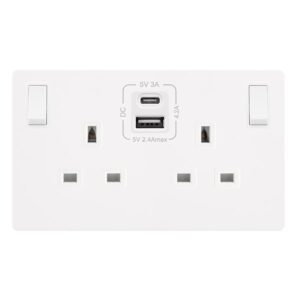 Click Scolmore - Click Definity Complete 13A Ingot 2 Gang Switched Safety Shutter Socket With Type A & C Usb Metal White Cover Plate Polar White Insert (SFMW786PW)