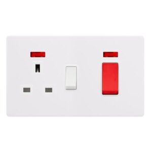 Click Scolmore - Click Definity Complete 50A Double Pole Switch With 13A Double Pole Switched Socket & Neon Polar White Cover Plate Polar White Insert (SFPW205PW)
