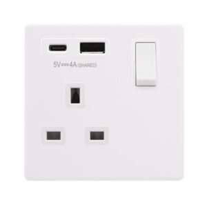 Click Scolmore - Click Definity Complete Definity Non Ingot 13A 1 Gang Switched Safety Shutter Socket Outlet With Type A & C Usb (4A) Outlets Polar White Polar White Inserts (SFPW785PW)