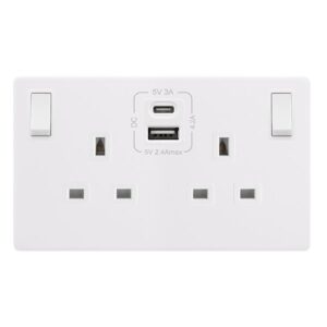Click Scolmore - Click Definity Complete 13A Ingot 2 Gang Switched Safety Shutter Socket With Type A & C Usb Polar White Cover Plate Polar White Insert (SFPW786PW)