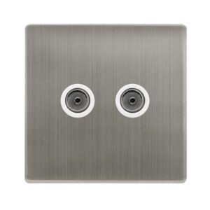 Click Scolmore - Click Definity Complete Twin Non-Isolated Coaxial Outlet Stainless Steel Cover Plate Polar White Insert (SFSS066PW)