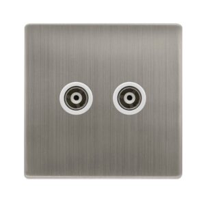 Click Scolmore - Click Definity Complete Twin Isolated Coaxial Outlet Stainless Steel Cover Plate Polar White Insert (SFSS159PW)