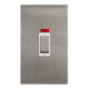 Click Scolmore - Click Definity Complete 50A Ingot 2 Gang Double Pole Switch With Neon Stainless Steel Cover Plate Polar White Insert (SFSS503PW)