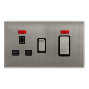 Click Scolmore - Click Definity Complete 50A Ingot Double Pole Switch With 13A Double Pole Switched Socket & Neon Stainless Steel Cover Plate Black Insert (SFSS505BK)