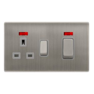 Click Scolmore - Click Definity Complete 50A Ingot Double Pole Switch With 13A Double Pole Switched Socket & Neon Stainless Steel Cover Plate Grey Insert (SFSS505GY)