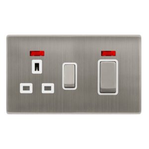 Click Scolmore - Click Definity Complete 50A Ingot Double Pole Switch With 13A Double Pole Switched Socket & Neon Stainless Steel Cover Plate Polar White Insert (SFSS505PW)
