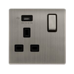 Click Scolmore - Click Definity Complete 13A Ingot 1 Gang Switched Socket With 2.1A Usb Outlet Stainless Steel Cover Plate Black Insert (SFSS571UBK)